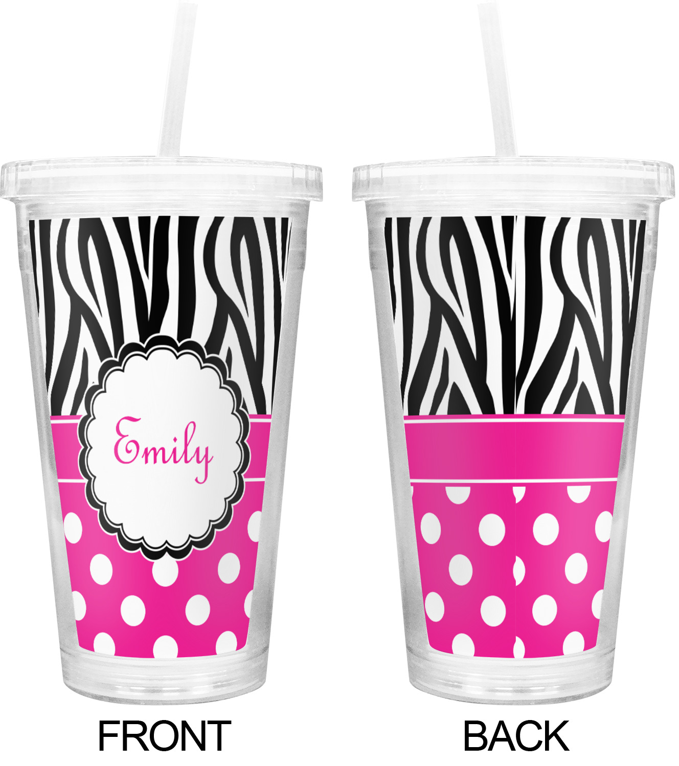 Zebra Print & Polka Dots Double Wall Tumbler with Straw (Personalized