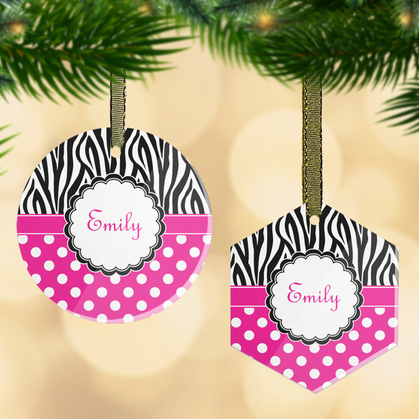 Custom Zebra Print & Polka Dots Flat Glass Ornament w/ Name or Text
