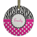 Zebra Print & Polka Dots Flat Glass Ornament - Round w/ Name or Text