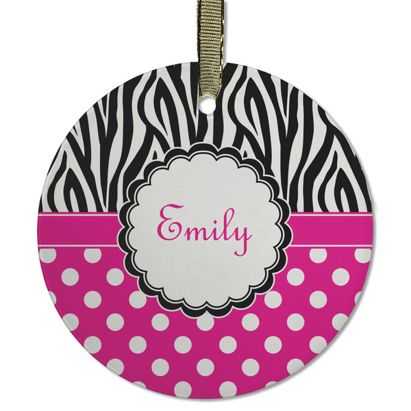Custom Zebra Print & Polka Dots Flat Glass Ornament - Round w/ Name or Text