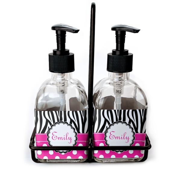 Custom Zebra Print & Polka Dots Glass Soap & Lotion Bottle Set (Personalized)