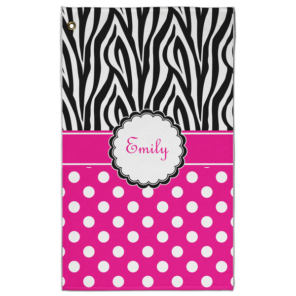 Custom Zebra Print & Polka Dots Golf Towel - Poly-Cotton Blend w/ Name or Text