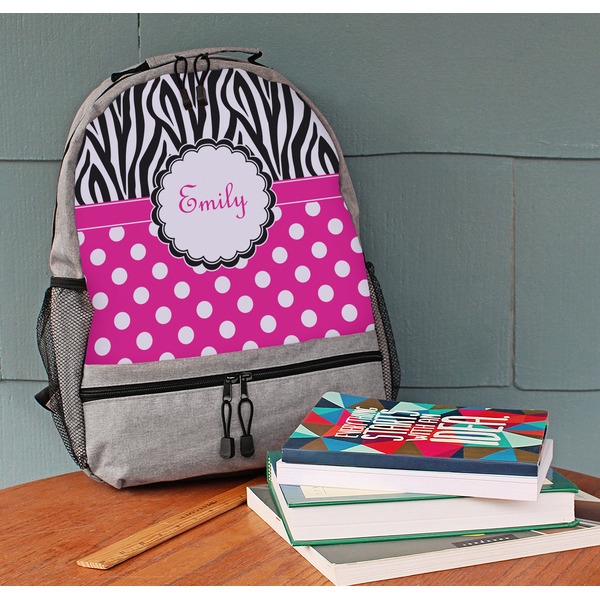 Zebra Print & Polka Dots Large Backpack - Gray - On Desk