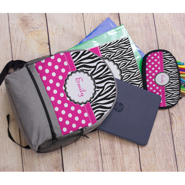 Zebra Print & Polka Dots Large Backpack - Gray - With Stuff