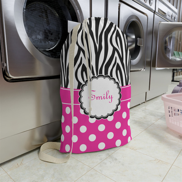 Zebra Print & Polka Dots Large Laundry Bag - In Context