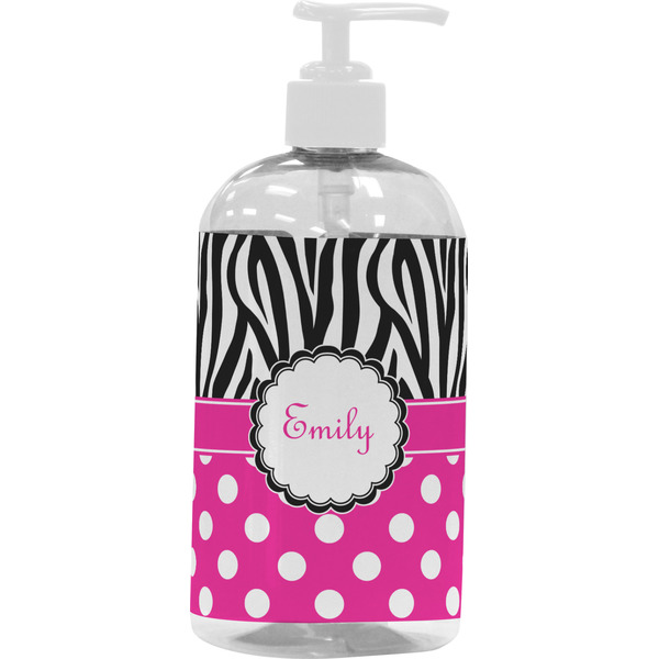 Custom Zebra Print & Polka Dots Plastic Soap / Lotion Dispenser (16 oz - Large - White) (Personalized)
