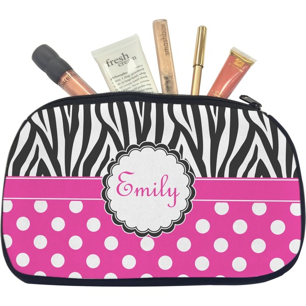 Custom Zebra Print & Polka Dots Makeup / Cosmetic Bag - Medium (Personalized)
