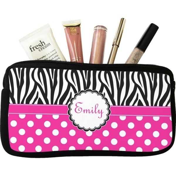 Custom Zebra Print & Polka Dots Makeup / Cosmetic Bag - Small (Personalized)