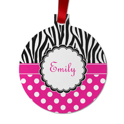 Zebra Print & Polka Dots Metal Ball Ornament - Double Sided w/ Name or Text