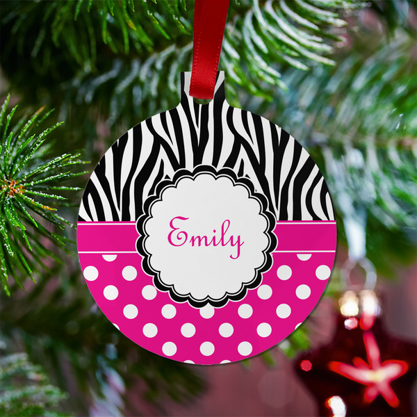 Zebra Print & Polka Dots Metal Ball Ornament - Lifestyle