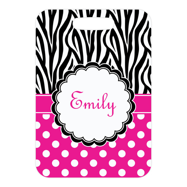 Zebra Print & Polka Dots Metal Luggage Tag - Front Without Strap