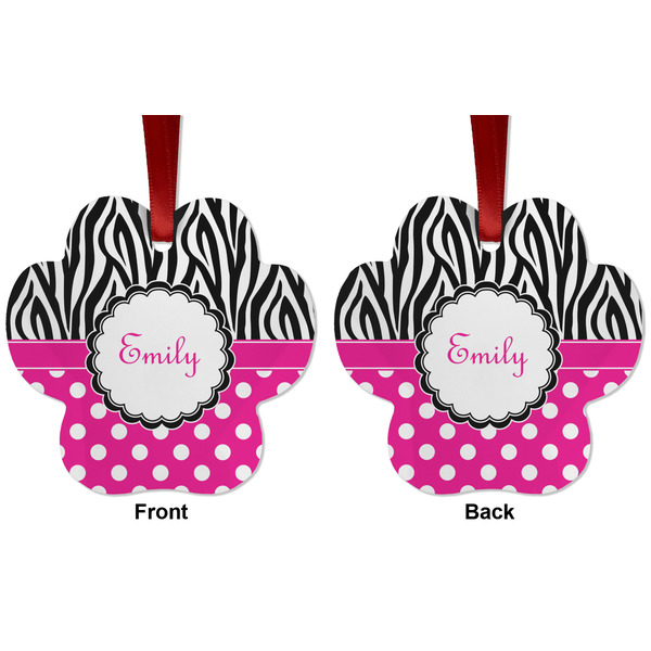 Zebra Print & Polka Dots Metal Paw Ornament - Front and Back
