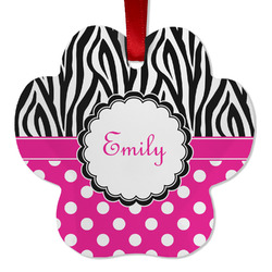Zebra Print & Polka Dots Metal Paw Ornament - Double Sided w/ Name or Text