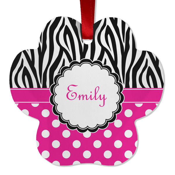 Zebra Print & Polka Dots Metal Paw Ornament - Front