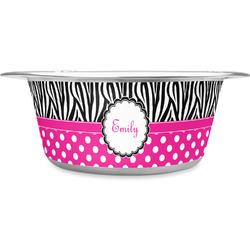 Zebra Print & Polka Dots Stainless Steel Dog Bowl - Large (Personalized)