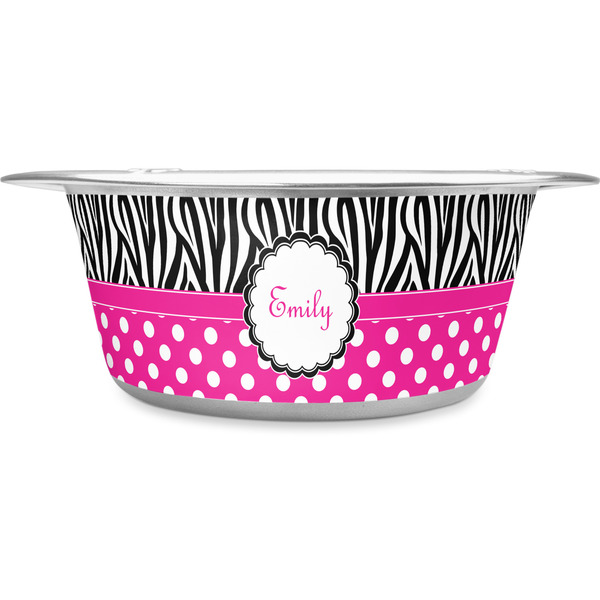 Custom Zebra Print & Polka Dots Stainless Steel Dog Bowl - Medium (Personalized)