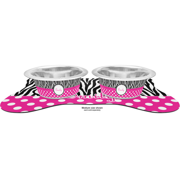 Zebra Print & Polka Dots Metal Pet Bowls - On Dog Bone Shaped Mat