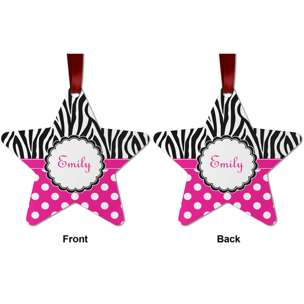 Zebra Print & Polka Dots Metal Star Ornament - Front and Back