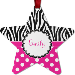 Zebra Print & Polka Dots Metal Star Ornament - Double Sided w/ Name or Text