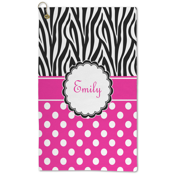 Custom Zebra Print & Polka Dots Microfiber Golf Towel - Large (Personalized)