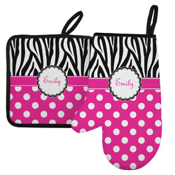 Zebra Print & Polka Dots Left Oven Mitt & Pot Holder Set w/ Name or Text