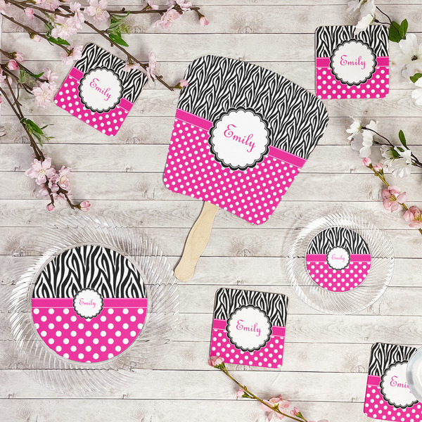 Zebra Print & Polka Dots Party Supplies Combination Image - All items - Plates, Coasters, Fans
