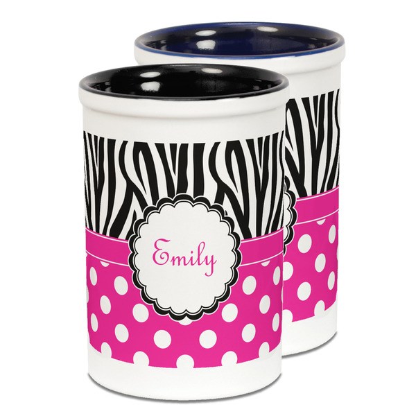Custom Zebra Print & Polka Dots Ceramic Pencil Holder - Large