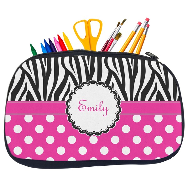 Custom Zebra Print & Polka Dots Neoprene Pencil Case - Medium w/ Name or Text