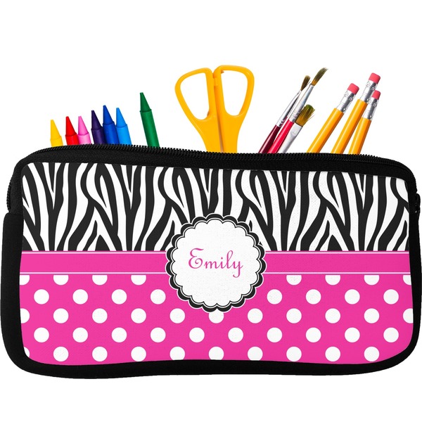 Custom Zebra Print & Polka Dots Neoprene Pencil Case - Small w/ Name or Text