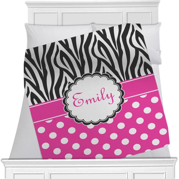 Custom Zebra Print & Polka Dots Minky Blanket - Toddler / Throw - 60"x50" - Single Sided (Personalized)