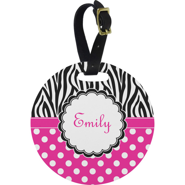 Custom Zebra Print & Polka Dots Plastic Luggage Tag - Round (Personalized)