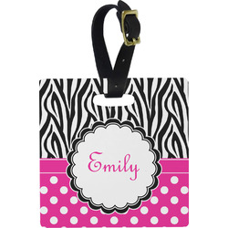 Zebra Print & Polka Dots Plastic Luggage Tag - Square w/ Name or Text
