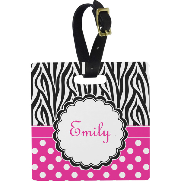 Custom Zebra Print & Polka Dots Plastic Luggage Tag - Square w/ Name or Text