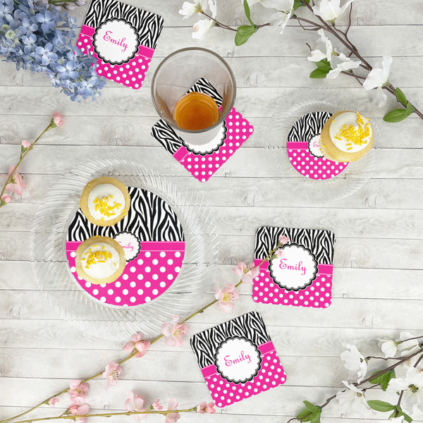 Zebra Print & Polka Dots Plastic Party Dinner Plates - In Context