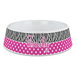 Zebra Print & Polka Dots Plastic Dog Bowl - Large (Personalized)