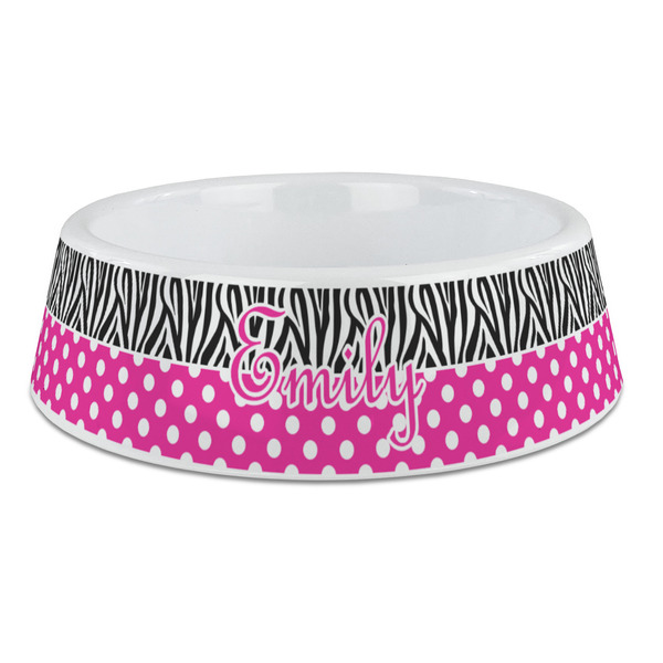 Custom Zebra Print & Polka Dots Plastic Dog Bowl - Large (Personalized)