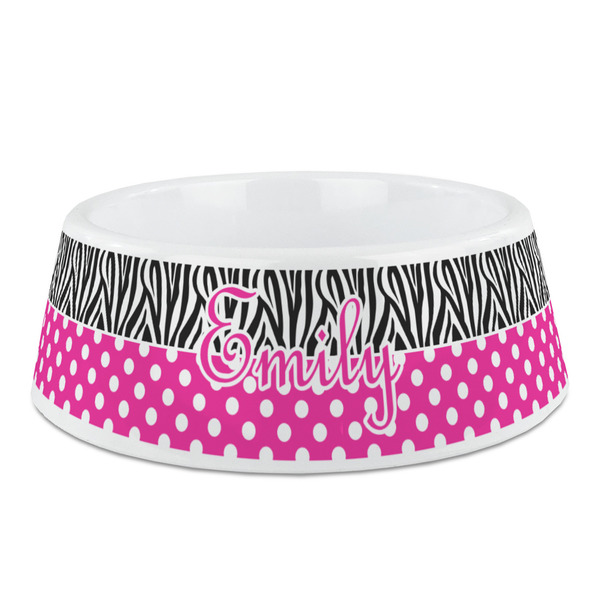 Custom Zebra Print & Polka Dots Plastic Dog Bowl - Medium (Personalized)