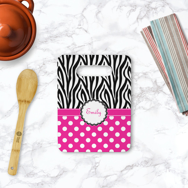 Zebra Print & Polka Dots Rectangle Trivet with Handle - LIFESTYLE