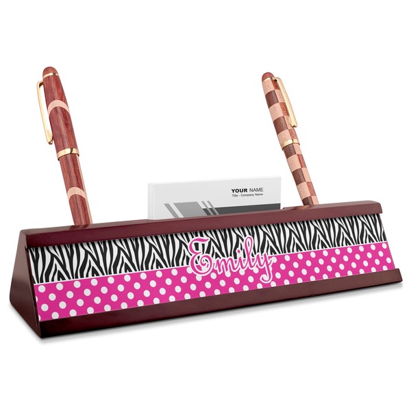 Custom Zebra Print & Polka Dots Red Mahogany Nameplate with Business Card Holder (Personalized)