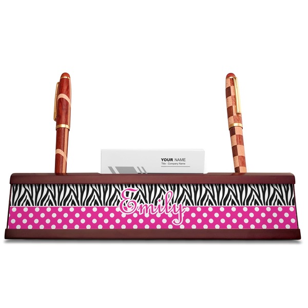 Zebra Print & Polka Dots Red Mahogany Nameplates with Business Card Holder - Straight