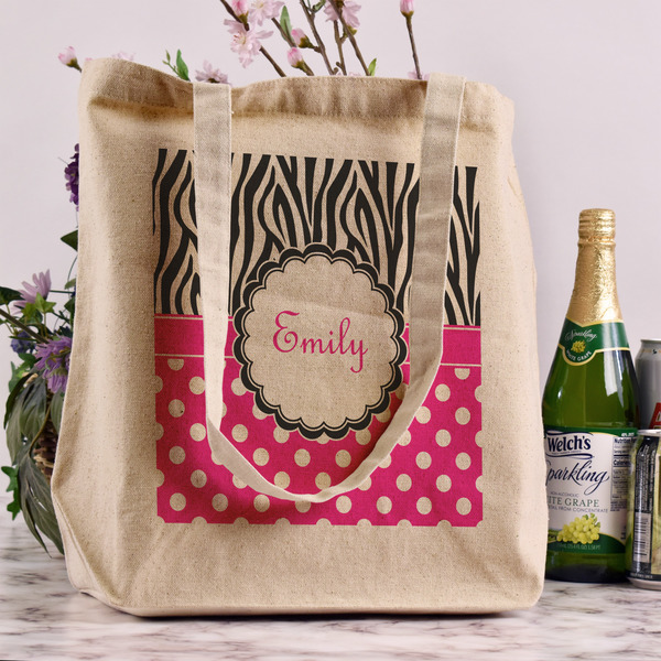 Zebra Print & Polka Dots Reusable Cotton Grocery Bag - In Context
