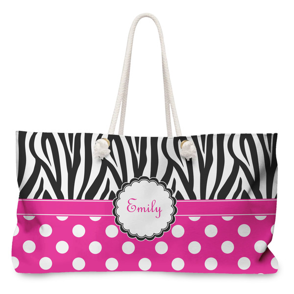 Custom Zebra Print & Polka Dots Large Tote Bag with Rope Handles (Personalized)