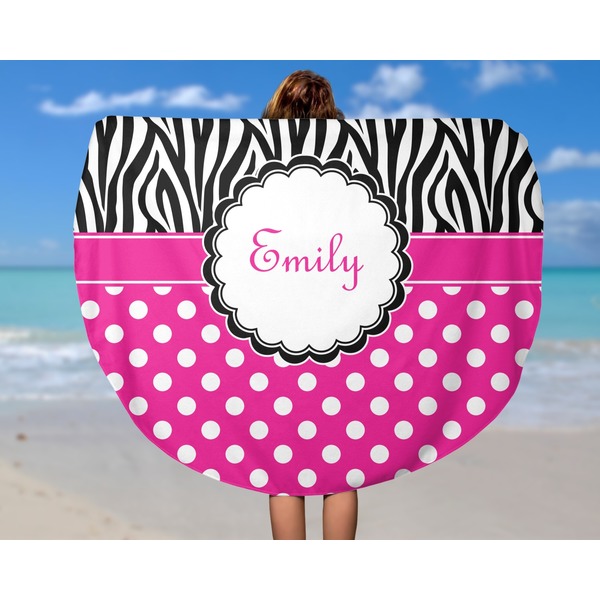 Zebra Print & Polka Dots Round Beach Towel - In Use