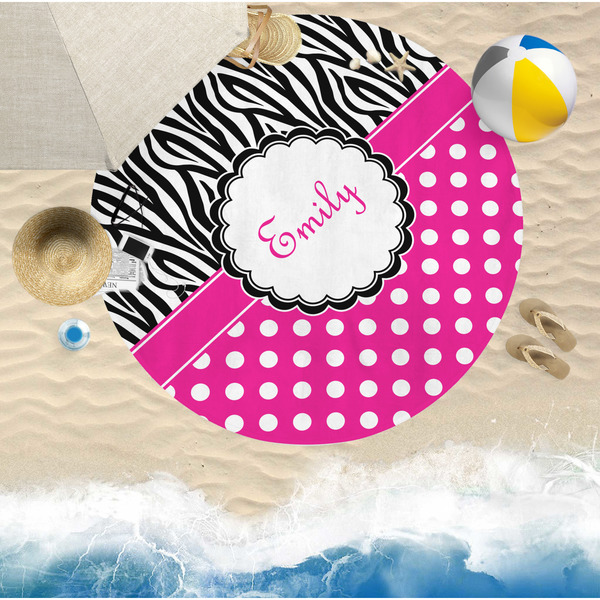 Zebra Print & Polka Dots Round Beach Towel Lifestyle