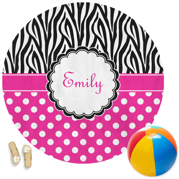 Custom Zebra Print & Polka Dots Round Beach Towel (Personalized)
