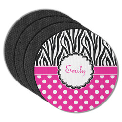 Zebra Print & Polka Dots Round Rubber Backed Coasters - Set of 4 (Personalized)