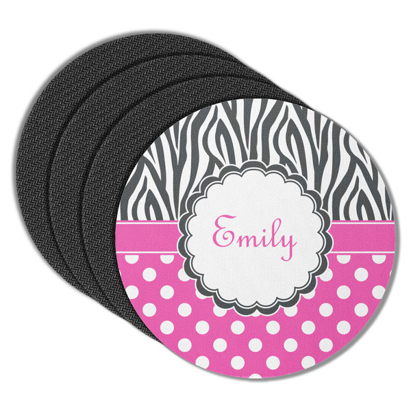 Custom Zebra Print & Polka Dots Round Rubber Backed Coasters - Set of 4 (Personalized)