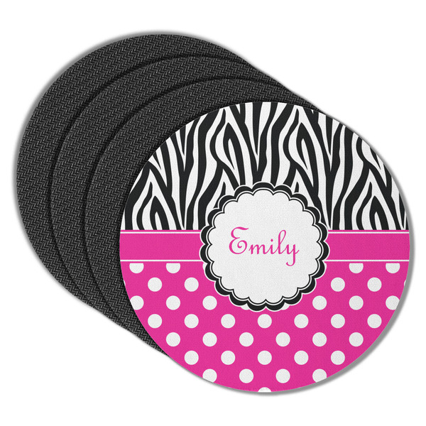 Custom Zebra Print & Polka Dots Round Rubber Backed Coasters - Set of 4 (Personalized)