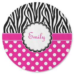 Zebra Print & Polka Dots Round Rubber Backed Coaster (Personalized)