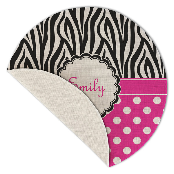 Zebra Print & Polka Dots Round Linen Placemats - Front (folded corner single sided)
